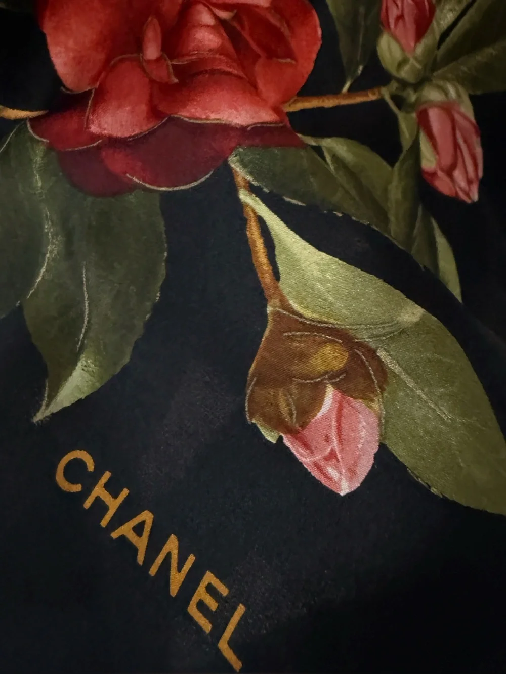 Vintage CHANEL Silk Scarf Camellia Gold Chain Print Made in Italy 33” Square